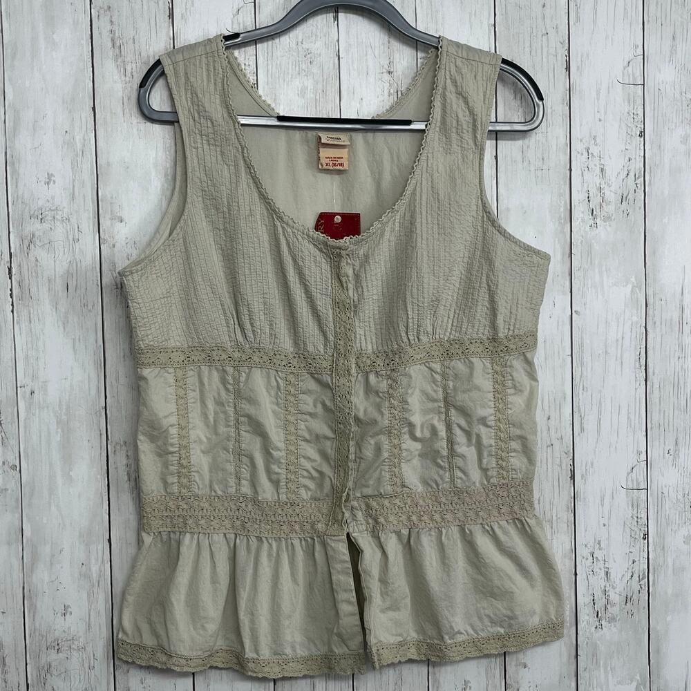 Faded Glory Tan Lace Trim Button Tunic Cami XL 16-18 Boho Neutral Tank Basic